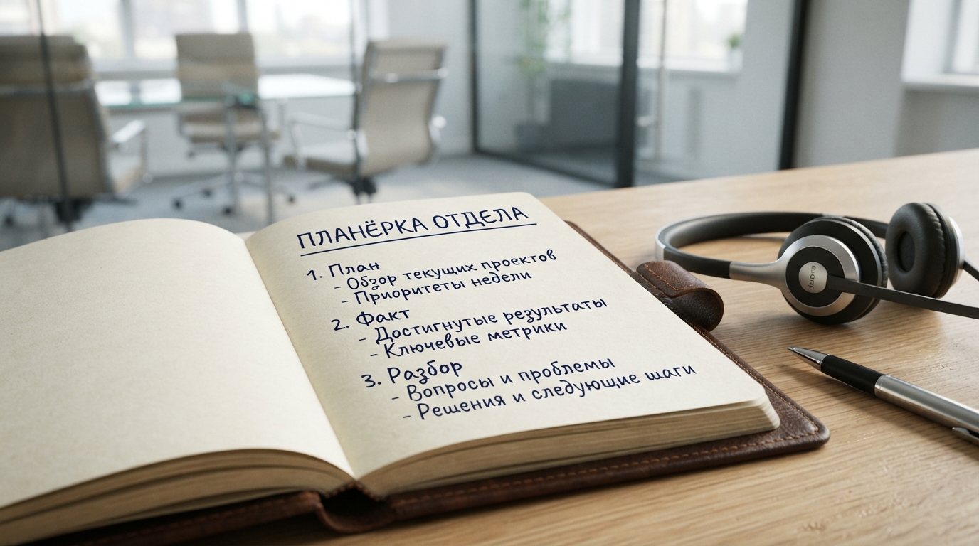 Блокнот с планом планёрки отдела продаж